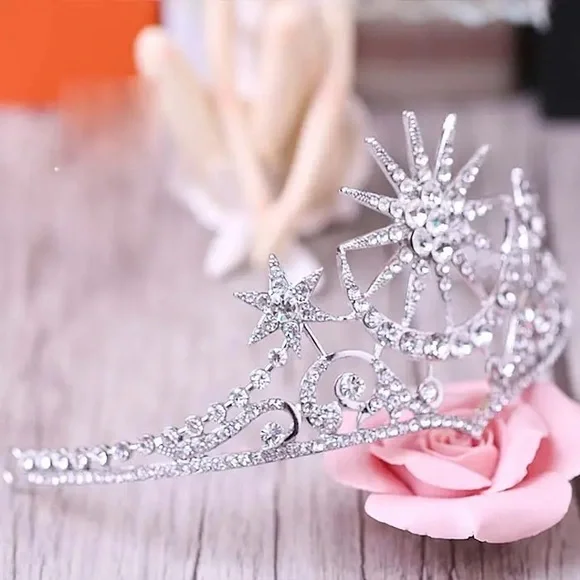 The Crescent Moon and Stars Crystal Tiara Fantasy Tiara MONA Customizable - Gold Moons & Stars, Teal  main image 4